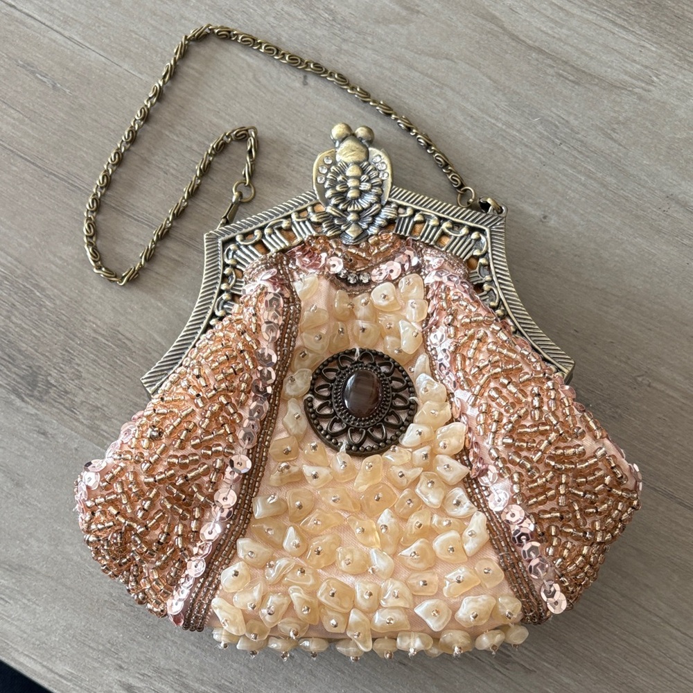 Beaded Evening Clutch - Cream and Gold EUC